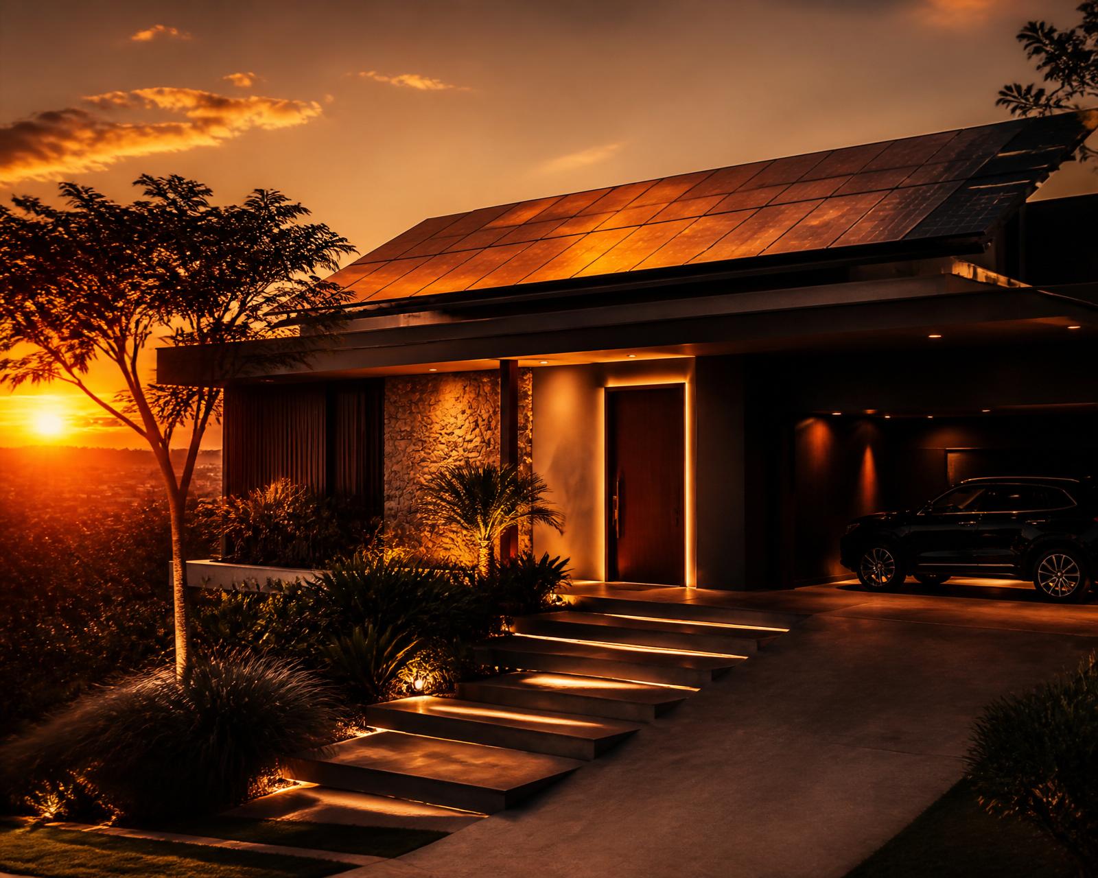 Casa residencial com energia solar ao entardecer